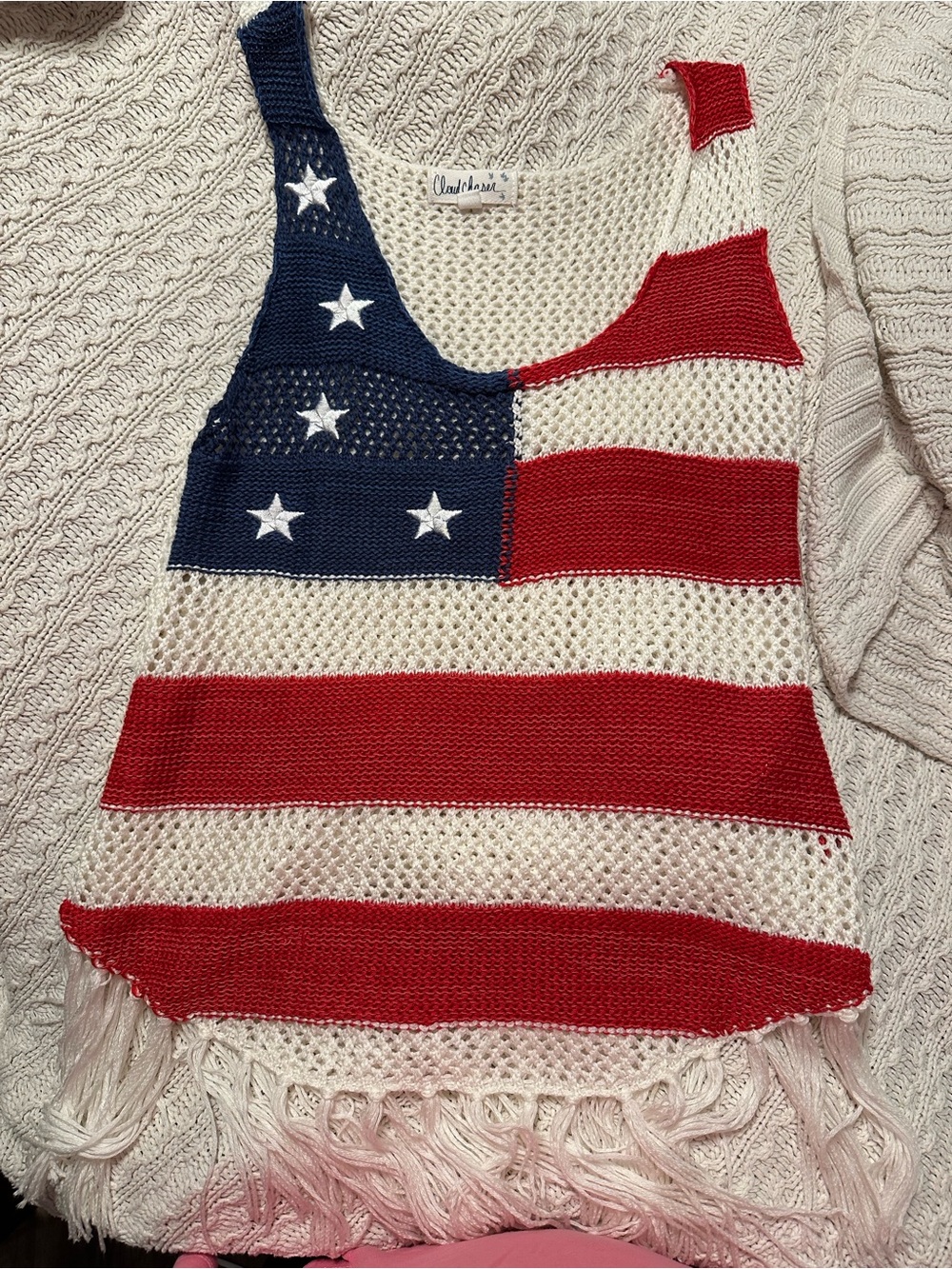 Cloud Chaser Americana Flag Knit Fringe Tank Top - Red White Blue